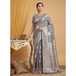 Linen Cotton Printed Saree With Unstitched Blouse 5.5Mtr (Grey)