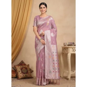 Linen Cotton Printed Saree With Unstitched Blouse 5.5Mtr (Purple)