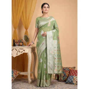 Linen Cotton Printed Saree With Unstitched Blouse 5.5Mtr (Light Green)