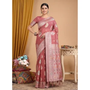 Linen Cotton Printed Saree With Unstitched Blouse 5.5Mtr (Pink)