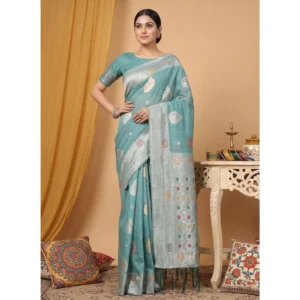 Linen Cotton Printed Saree With Unstitched Blouse 5.5Mtr (Sea Green)