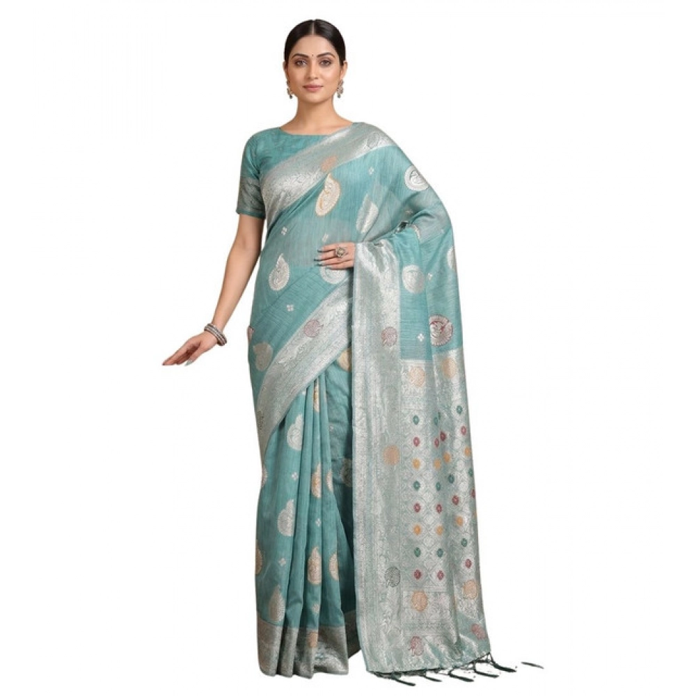 Linen Cotton Printed Saree With Unstitched Blouse 5.5Mtr (Sea Green) - Image 3