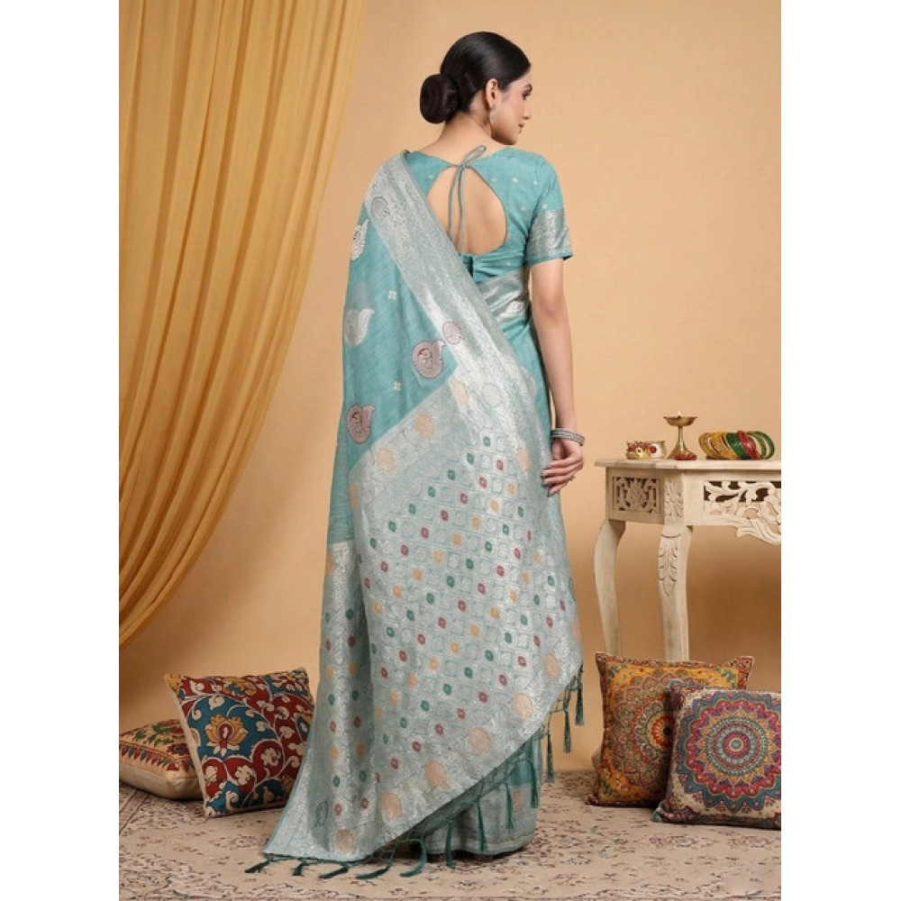 Linen Cotton Printed Saree With Unstitched Blouse 5.5Mtr (Sea Green) - Image 2