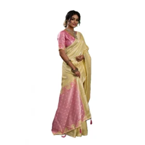 Linen Cotton Printed Saree With Unstitched Blouse 5.5Mtr (Yellow )