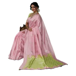 Linen Cotton Printed Saree With Unstitched Blouse 5.5Mtr (Pink)