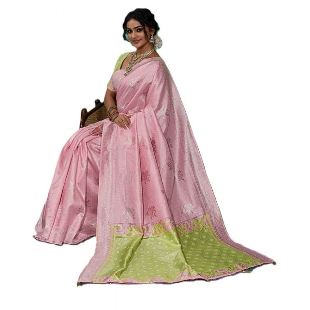 Linen Cotton Printed Saree With Unstitched Blouse 5.5Mtr (Pink)