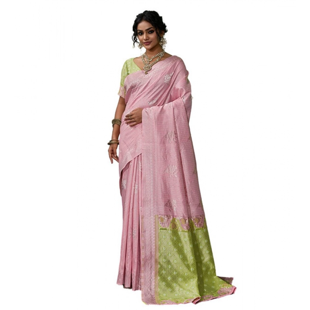 Linen Cotton Printed Saree With Unstitched Blouse 5.5Mtr (Pink) - Image 6