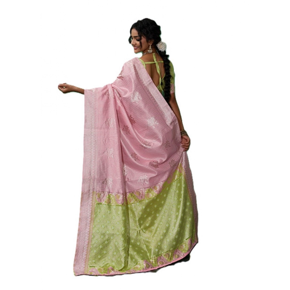 Linen Cotton Printed Saree With Unstitched Blouse 5.5Mtr (Pink) - Image 5