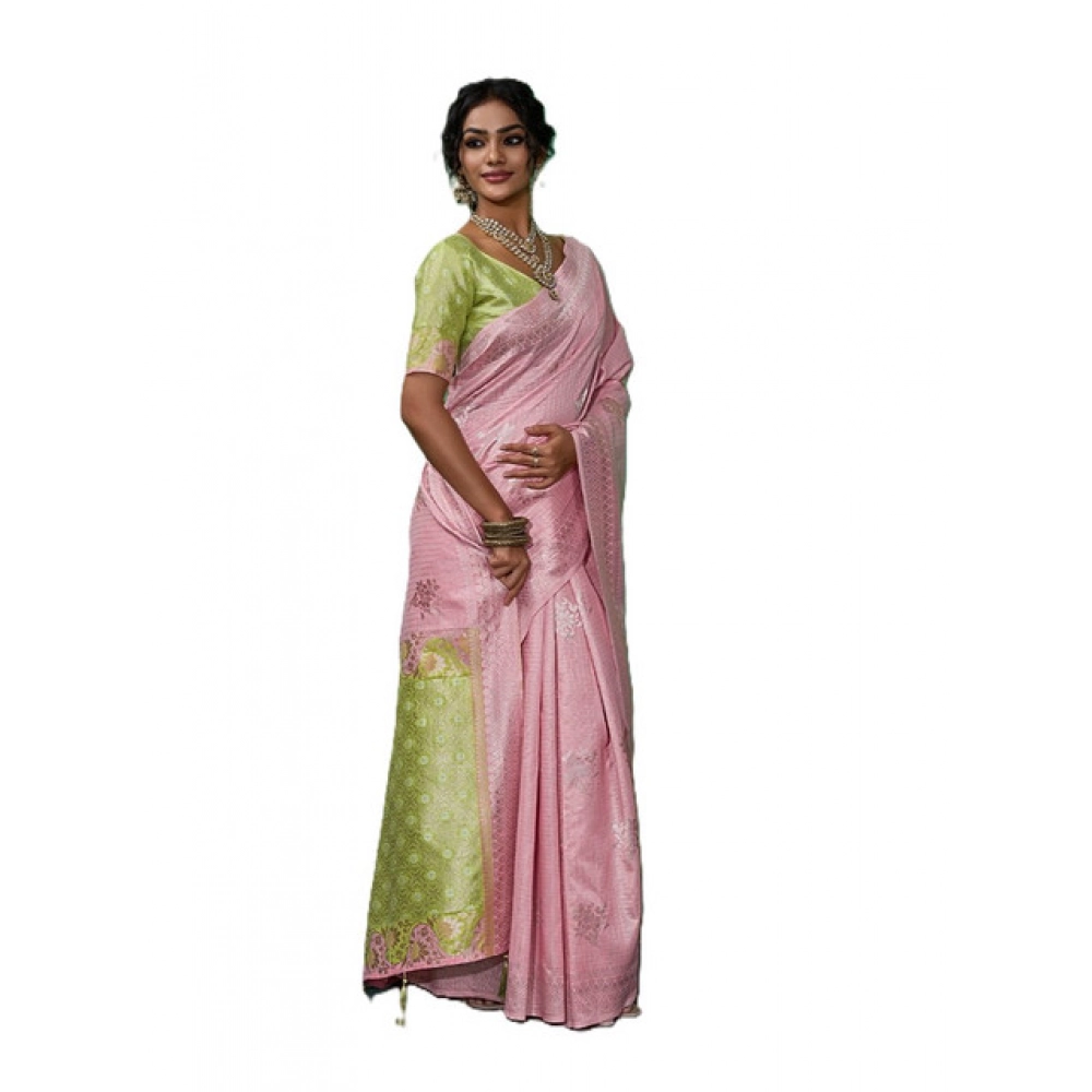 Linen Cotton Printed Saree With Unstitched Blouse 5.5Mtr (Pink) - Image 4