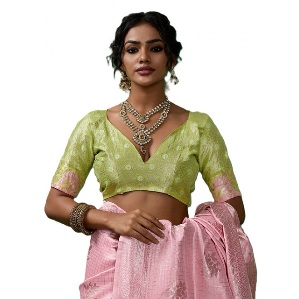 Linen Cotton Printed Saree With Unstitched Blouse 5.5Mtr (Pink) - Image 3