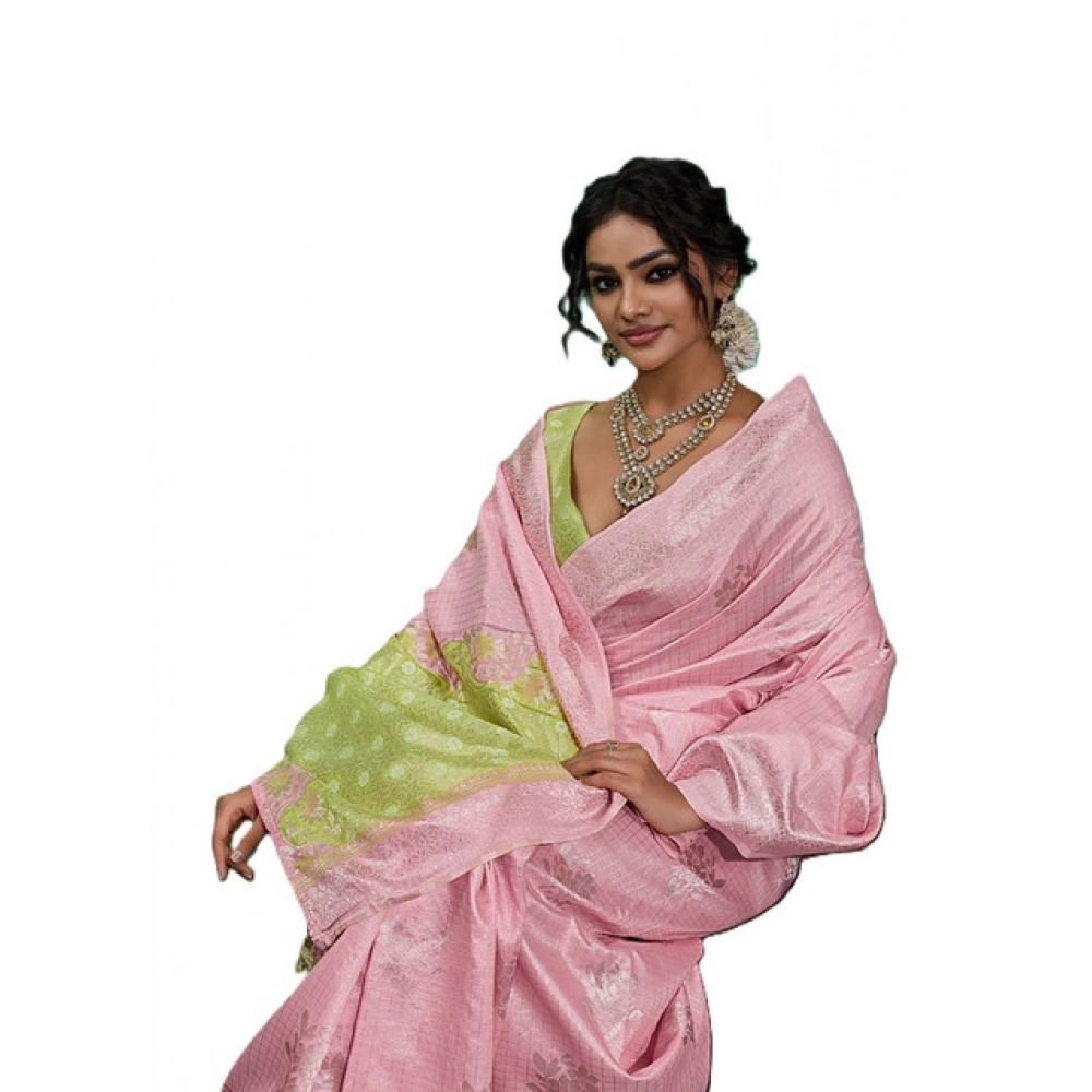 Linen Cotton Printed Saree With Unstitched Blouse 5.5Mtr (Pink) - Image 2