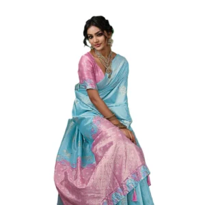 Linen Cotton Printed Saree With Unstitched Blouse 5.5Mtr (Sky Blue)