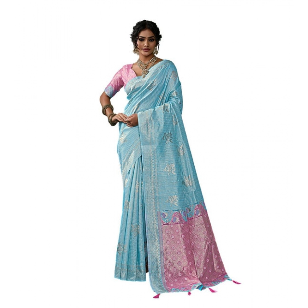 Linen Cotton Printed Saree With Unstitched Blouse 5.5Mtr (Sky Blue) - Image 5
