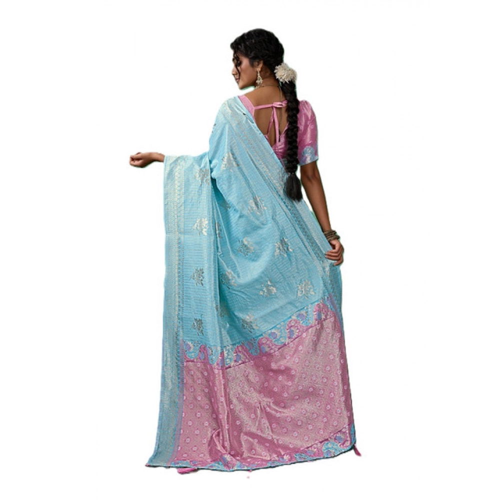 Linen Cotton Printed Saree With Unstitched Blouse 5.5Mtr (Sky Blue) - Image 4