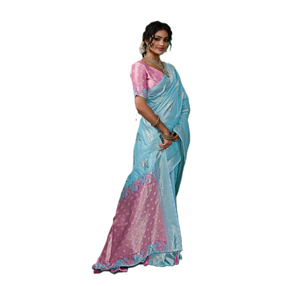 Linen Cotton Printed Saree With Unstitched Blouse 5.5Mtr (Sky Blue) - Image 3
