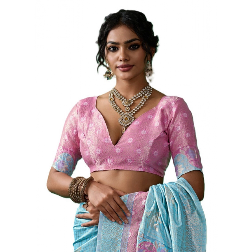 Linen Cotton Printed Saree With Unstitched Blouse 5.5Mtr (Sky Blue) - Image 2