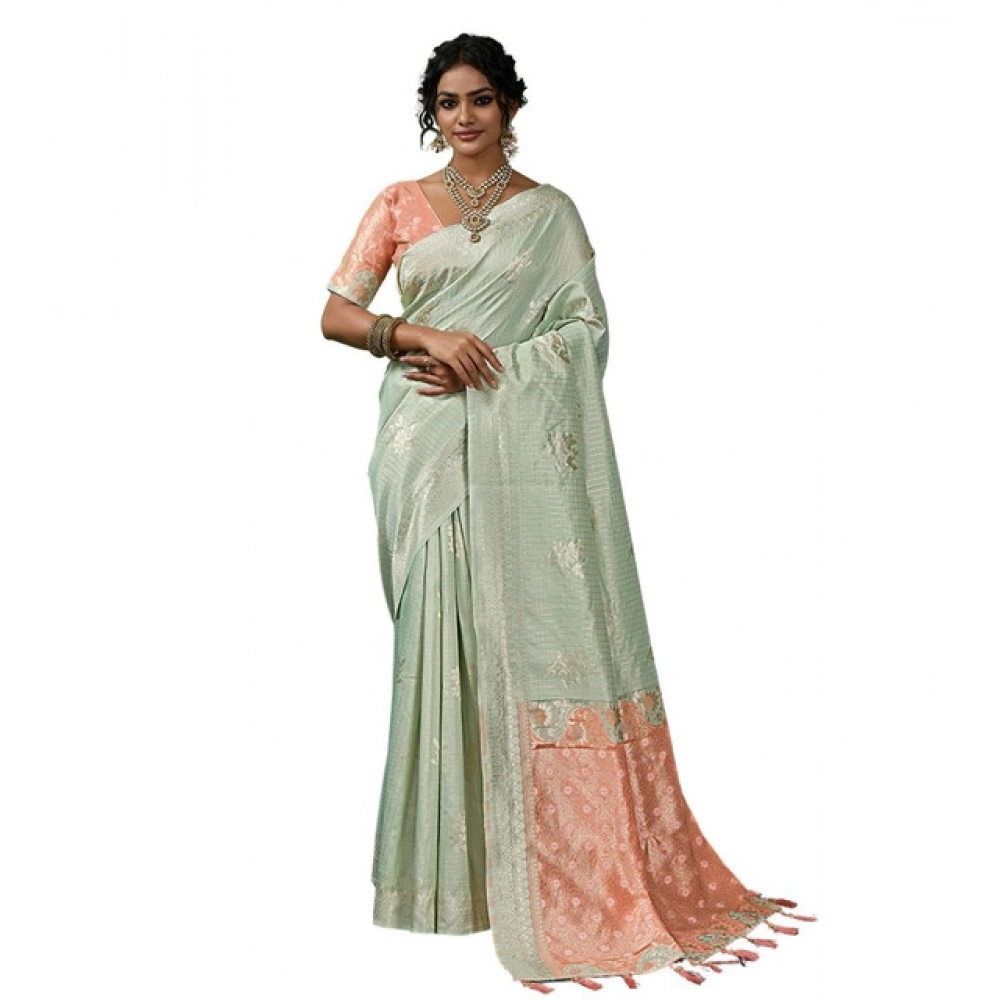 Linen Cotton Printed Saree With Unstitched Blouse 5.5Mtr (Pista Green) - Image 6
