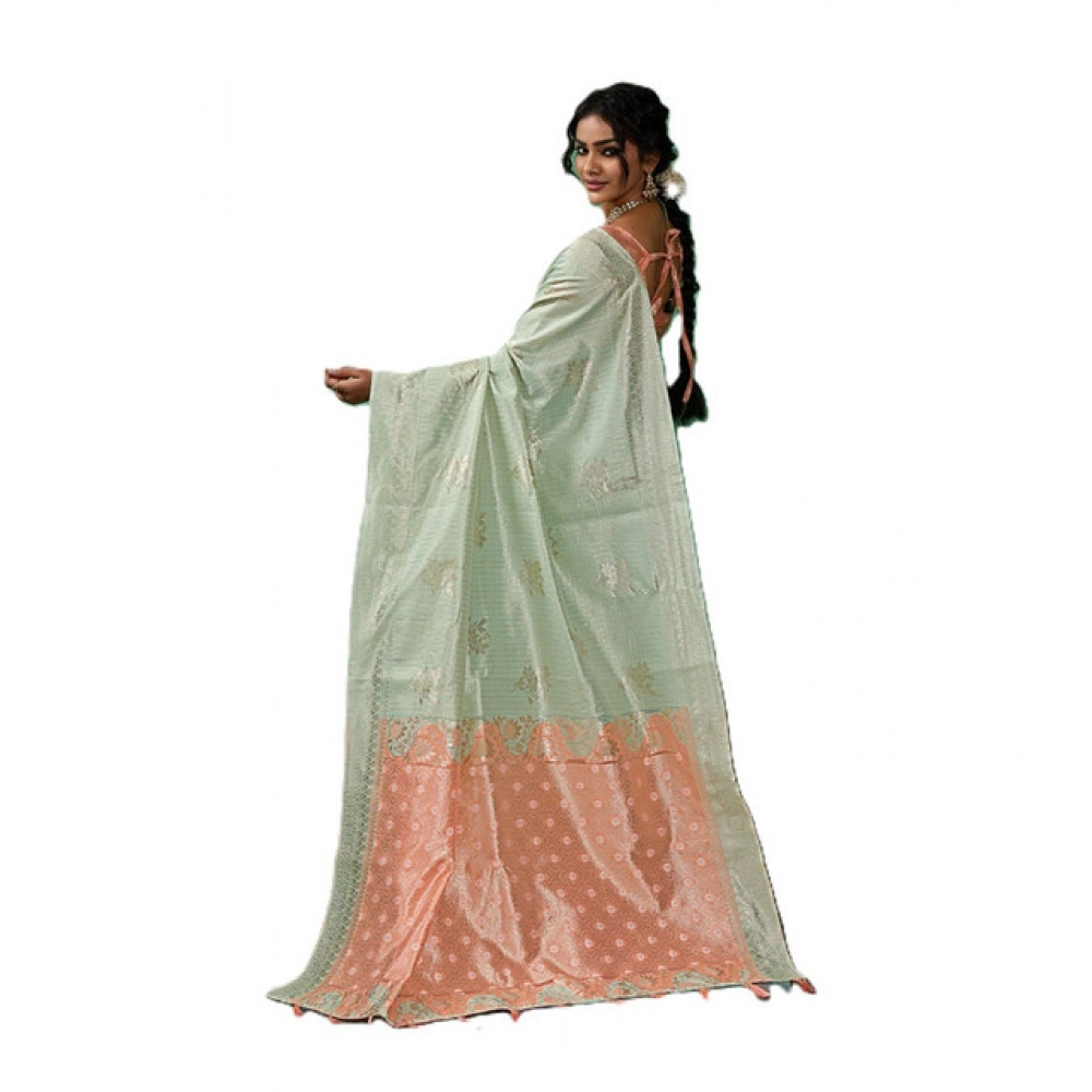 Linen Cotton Printed Saree With Unstitched Blouse 5.5Mtr (Pista Green) - Image 3