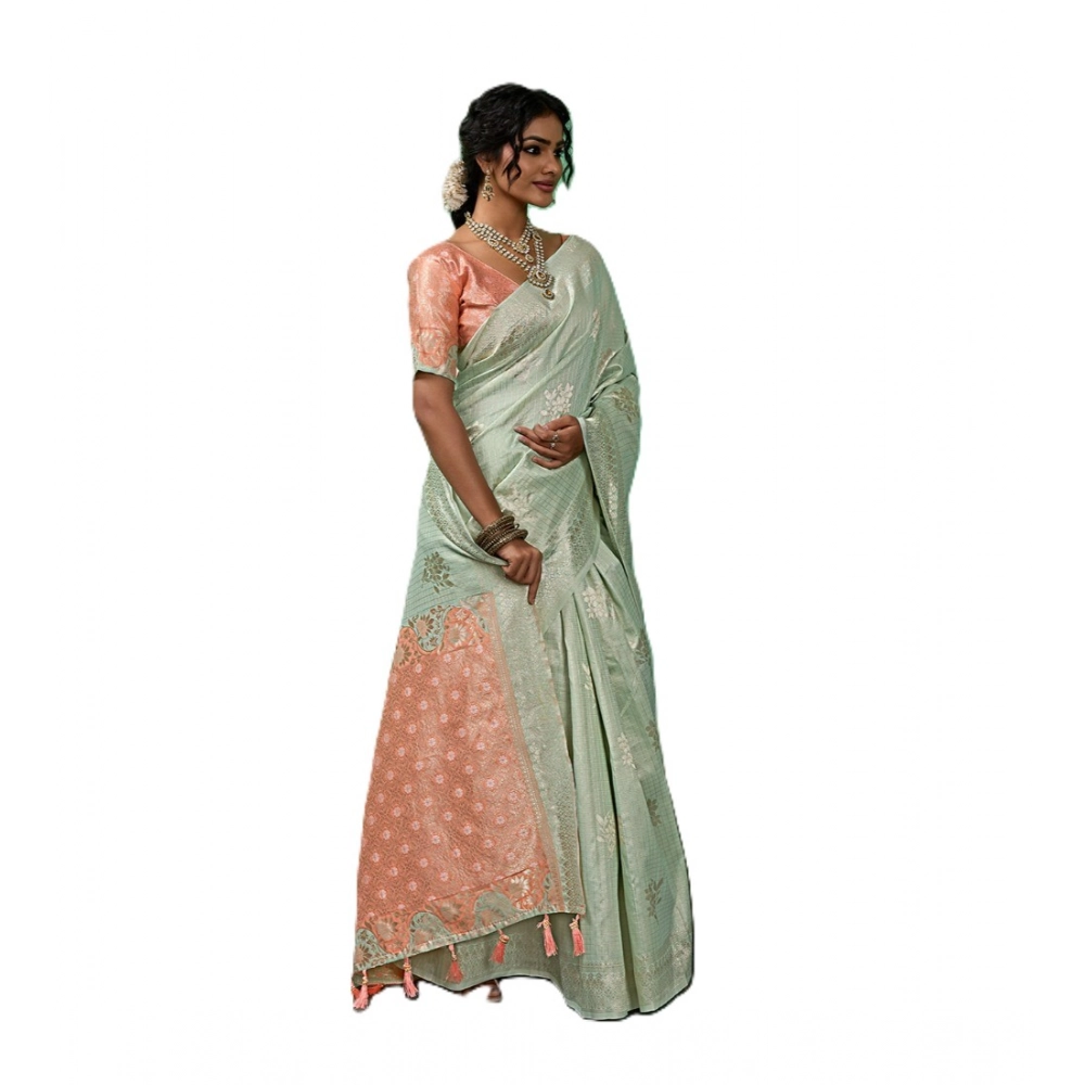 Linen Cotton Printed Saree With Unstitched Blouse 5.5Mtr (Pista Green) - Image 5