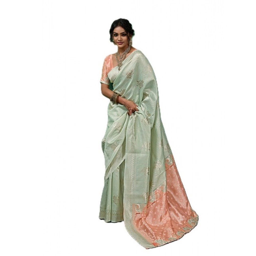 Linen Cotton Printed Saree With Unstitched Blouse 5.5Mtr (Pista Green) - Image 4