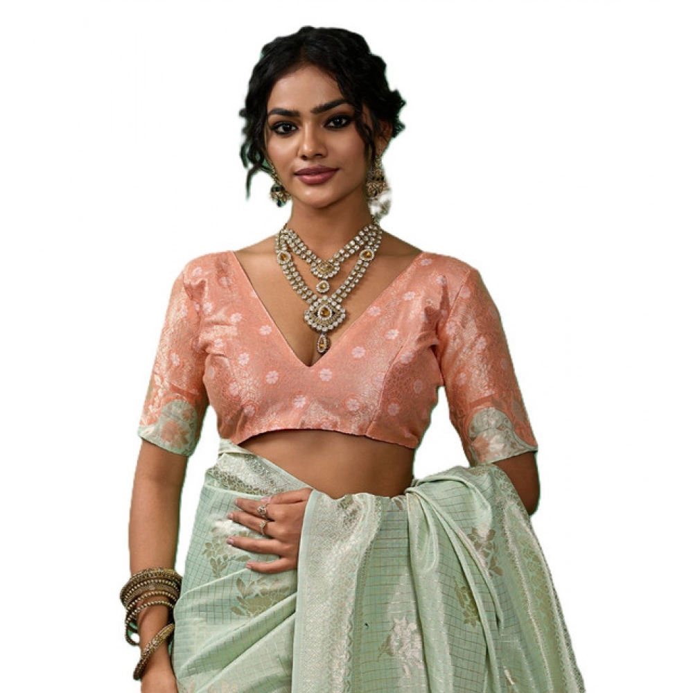 Linen Cotton Printed Saree With Unstitched Blouse 5.5Mtr (Pista Green) - Image 2