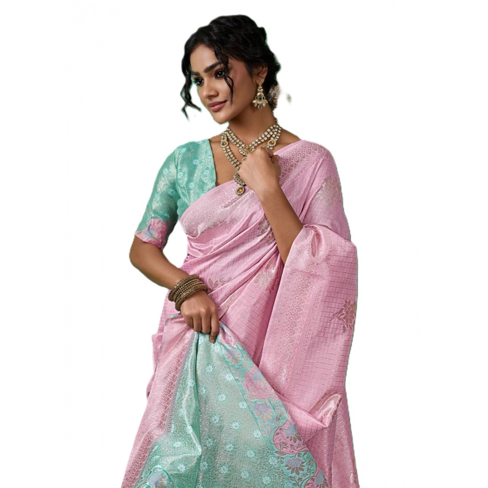 Linen Cotton Printed Saree With Unstitched Blouse 5.5Mtr (Pastel Pink)