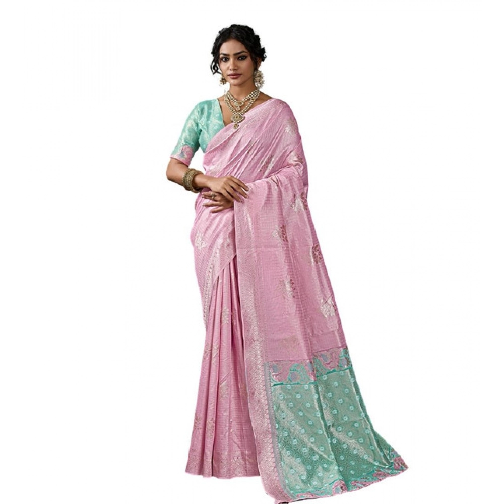 Linen Cotton Printed Saree With Unstitched Blouse 5.5Mtr (Pastel Pink) - Image 6