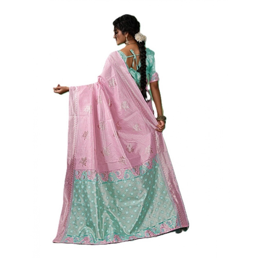 Linen Cotton Printed Saree With Unstitched Blouse 5.5Mtr (Pastel Pink) - Image 5