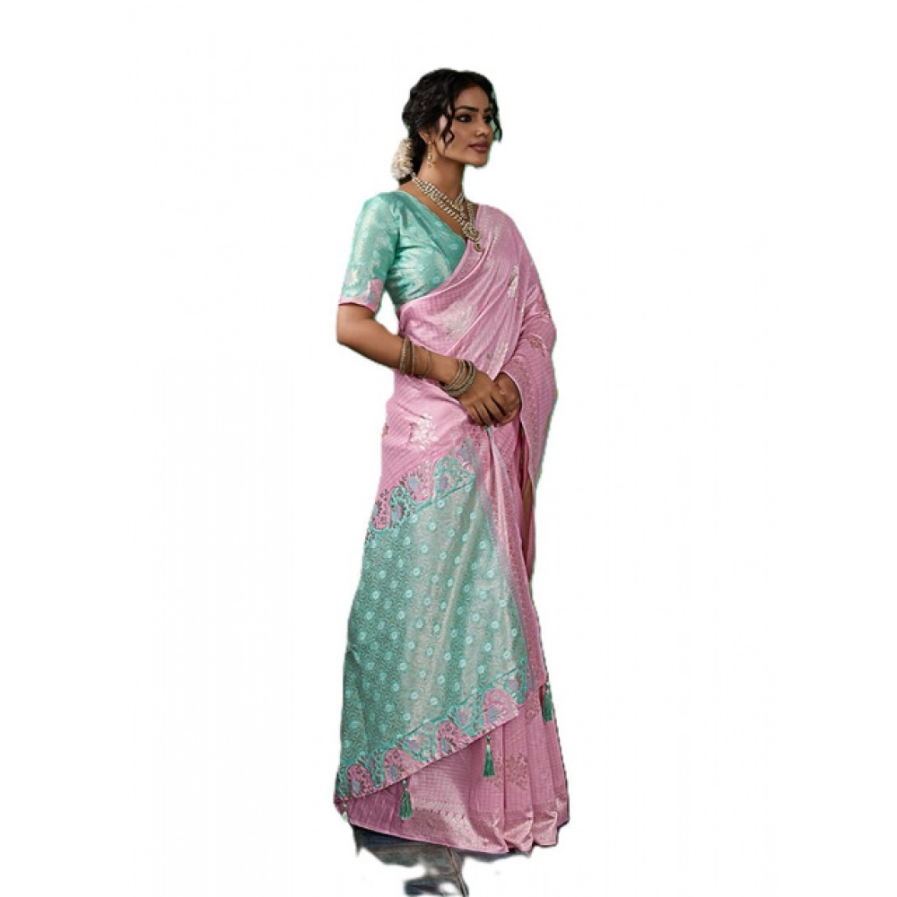 Linen Cotton Printed Saree With Unstitched Blouse 5.5Mtr (Pastel Pink) - Image 4
