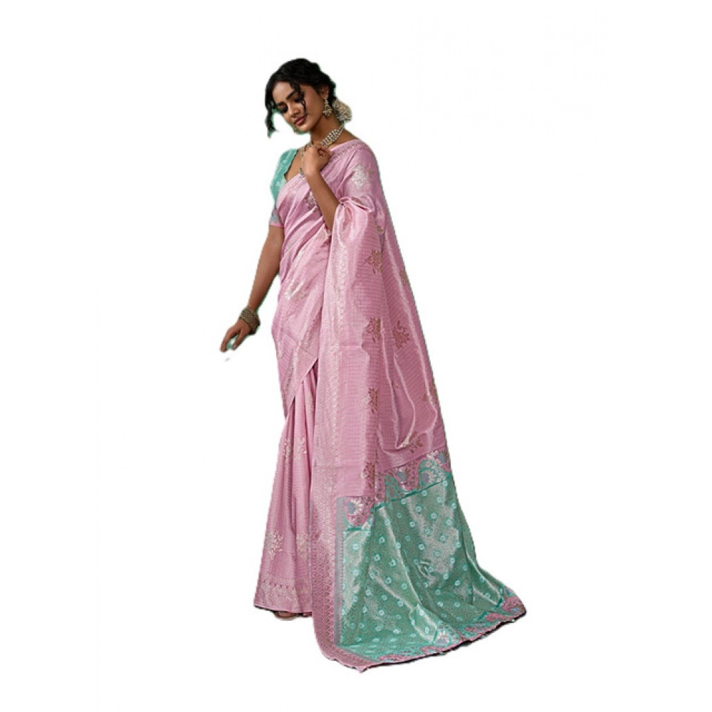 Linen Cotton Printed Saree With Unstitched Blouse 5.5Mtr (Pastel Pink) - Image 3
