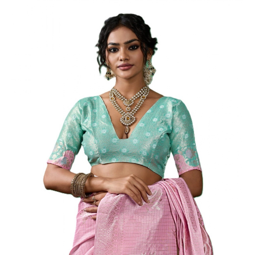 Linen Cotton Printed Saree With Unstitched Blouse 5.5Mtr (Pastel Pink) - Image 2