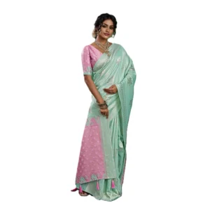 Linen Cotton Printed Saree With Unstitched Blouse 5.5Mtr (Sea Green)