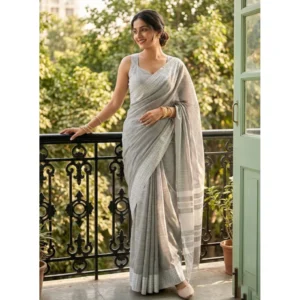 Linen Striped Saree With Unstitched Blouse 5.5Mtr (Gray)