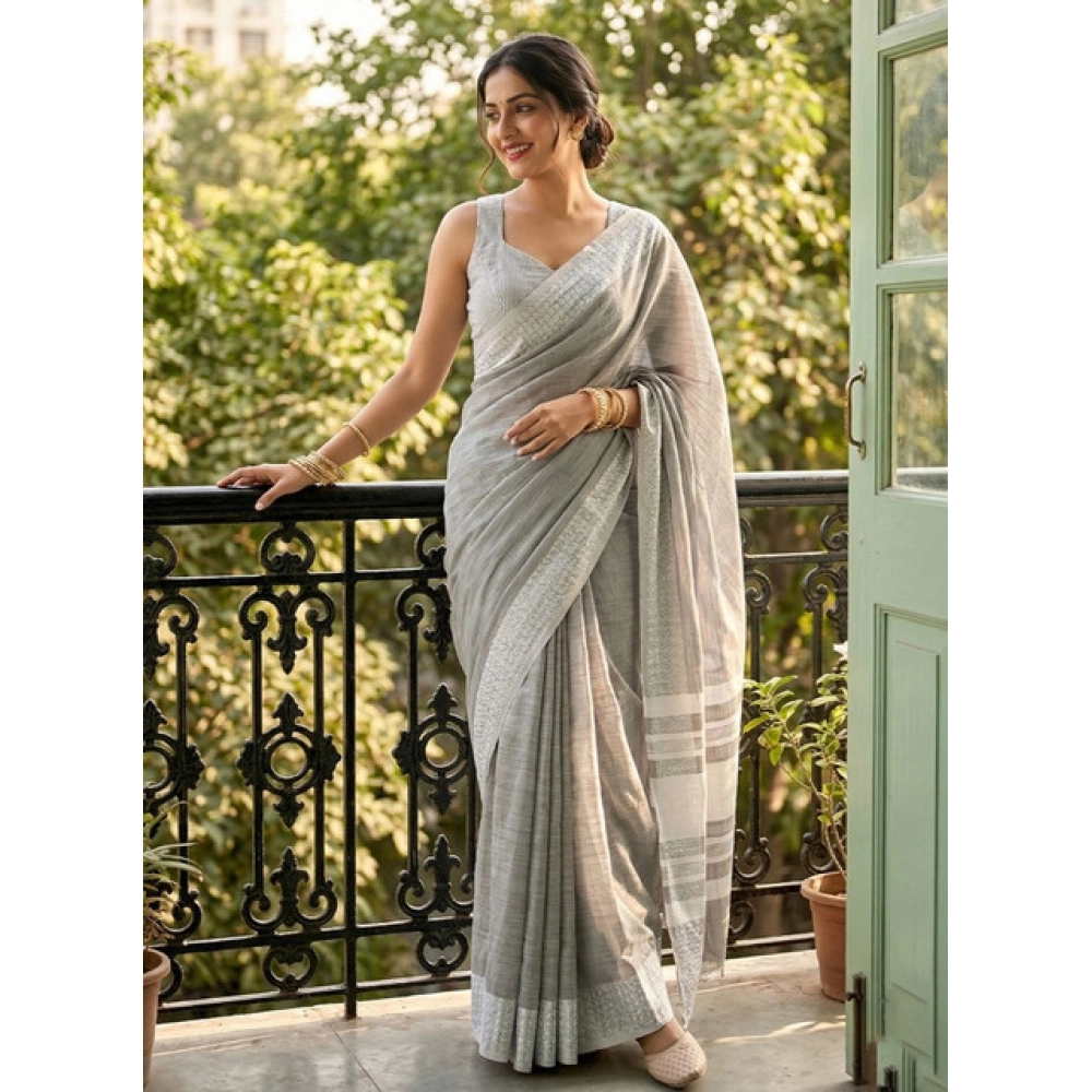 Linen Striped Saree With Unstitched Blouse 5.5Mtr (Gray)