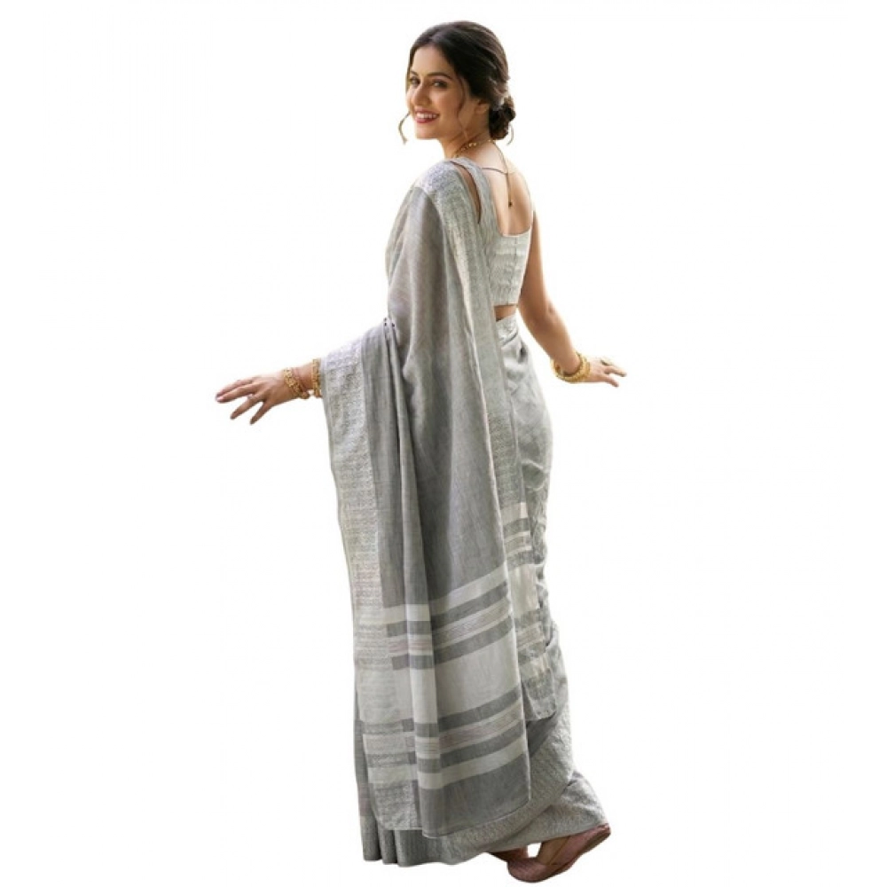 Linen Striped Saree With Unstitched Blouse 5.5Mtr (Gray) - Image 3