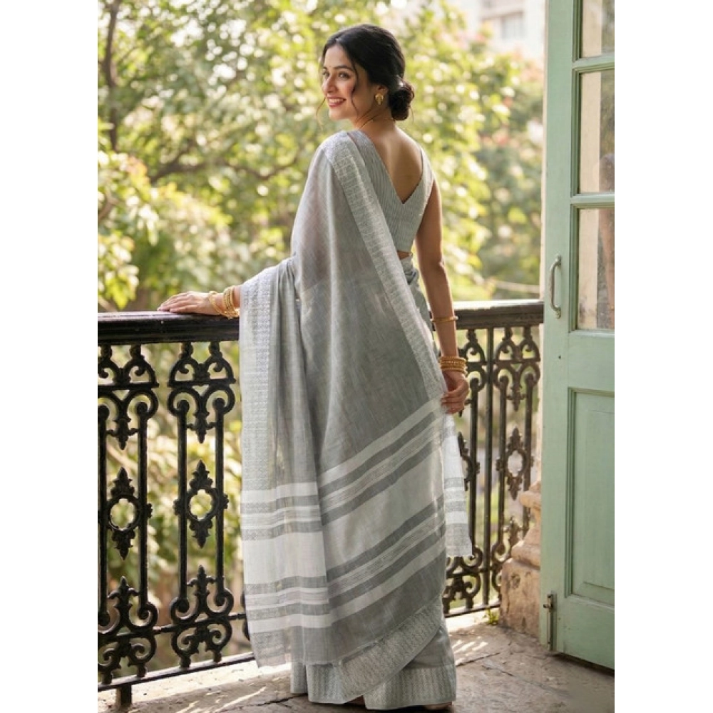 Linen Striped Saree With Unstitched Blouse 5.5Mtr (Gray) - Image 2