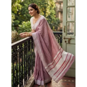 Linen Striped Saree With Unstitched Blouse 5.5Mtr (Magenta)
