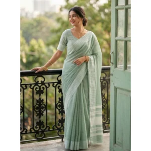 Linen Striped Saree With Unstitched Blouse 5.5Mtr (Sea Green)