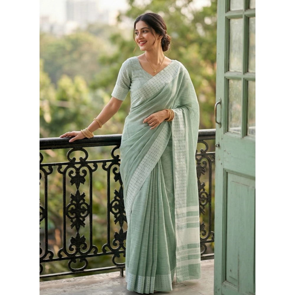 Linen Striped Saree With Unstitched Blouse 5.5Mtr (Sea Green)