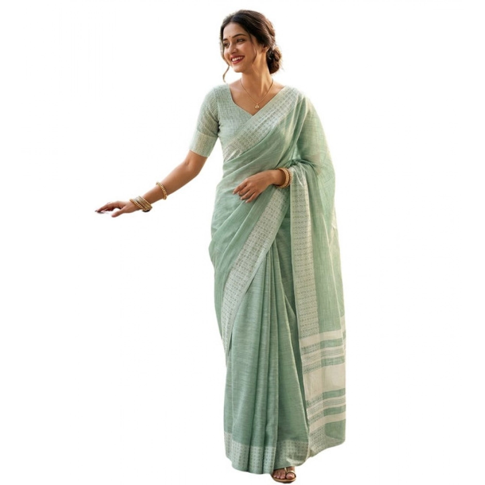Linen Striped Saree With Unstitched Blouse 5.5Mtr (Sea Green) - Image 3