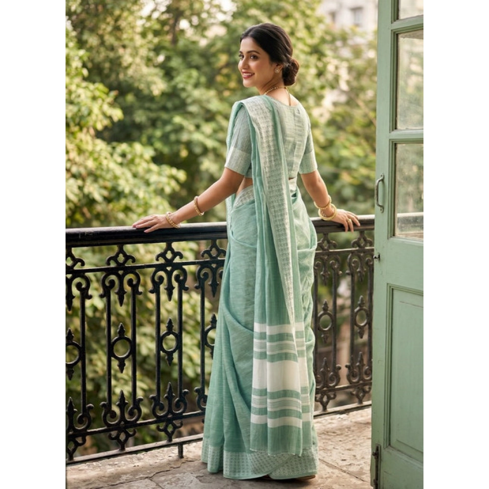 Linen Striped Saree With Unstitched Blouse 5.5Mtr (Sea Green) - Image 2