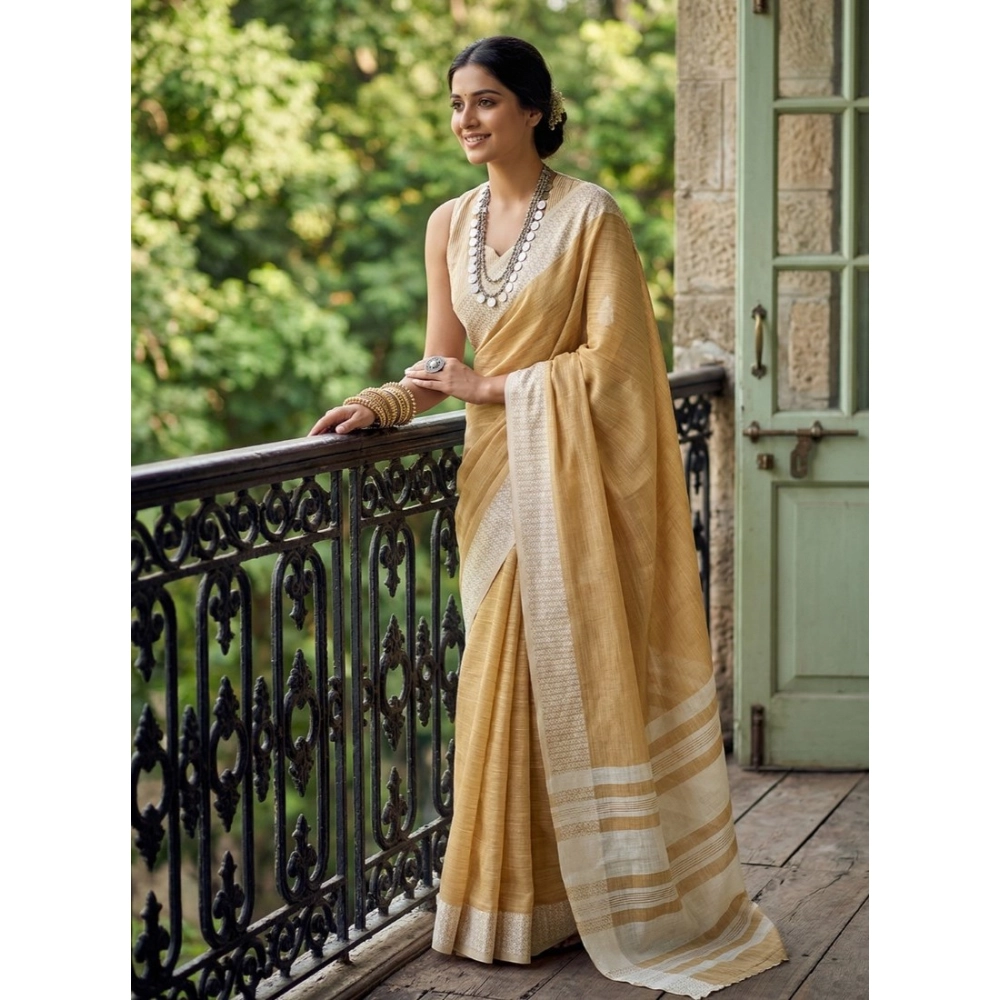Linen Striped Saree With Unstitched Blouse 5.5Mtr (Mustard Yellow)