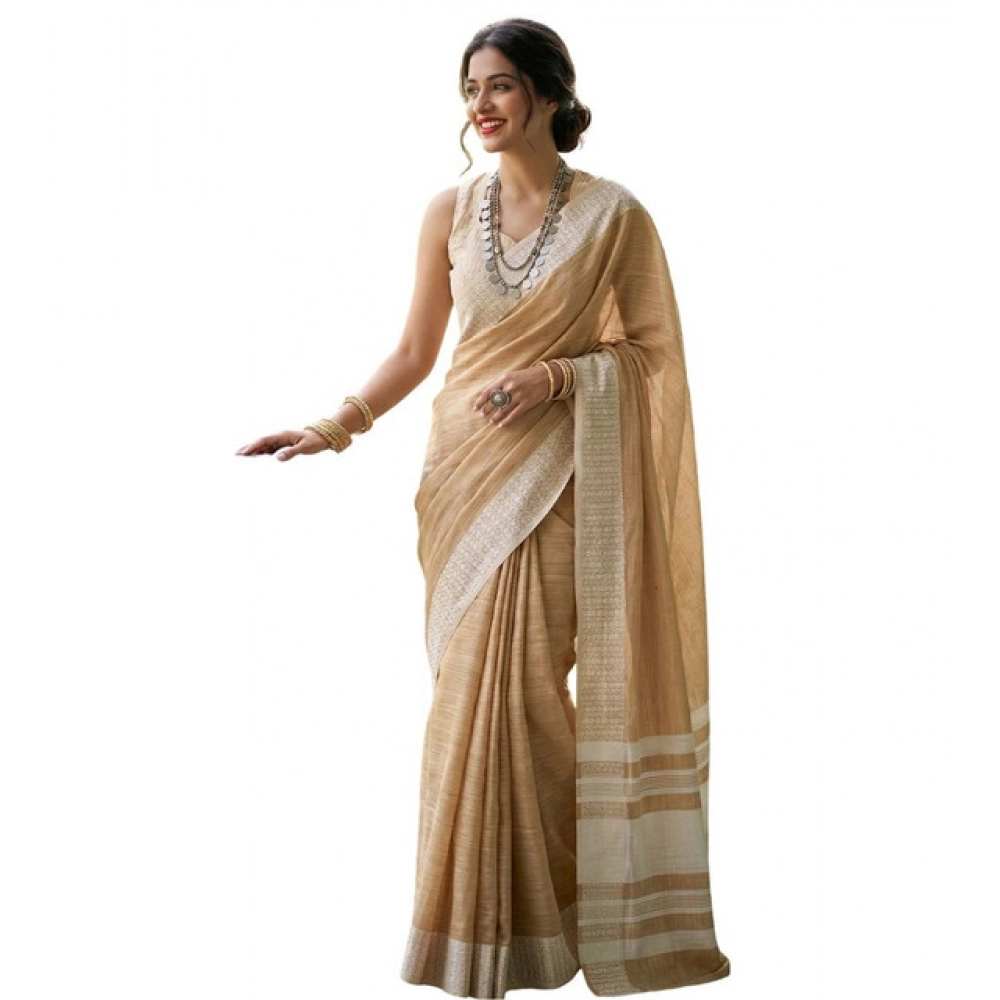 Linen Striped Saree With Unstitched Blouse 5.5Mtr (Mustard Yellow) - Image 3