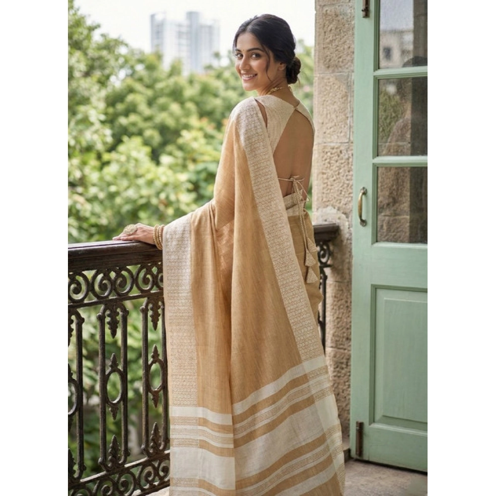 Linen Striped Saree With Unstitched Blouse 5.5Mtr (Mustard Yellow) - Image 2