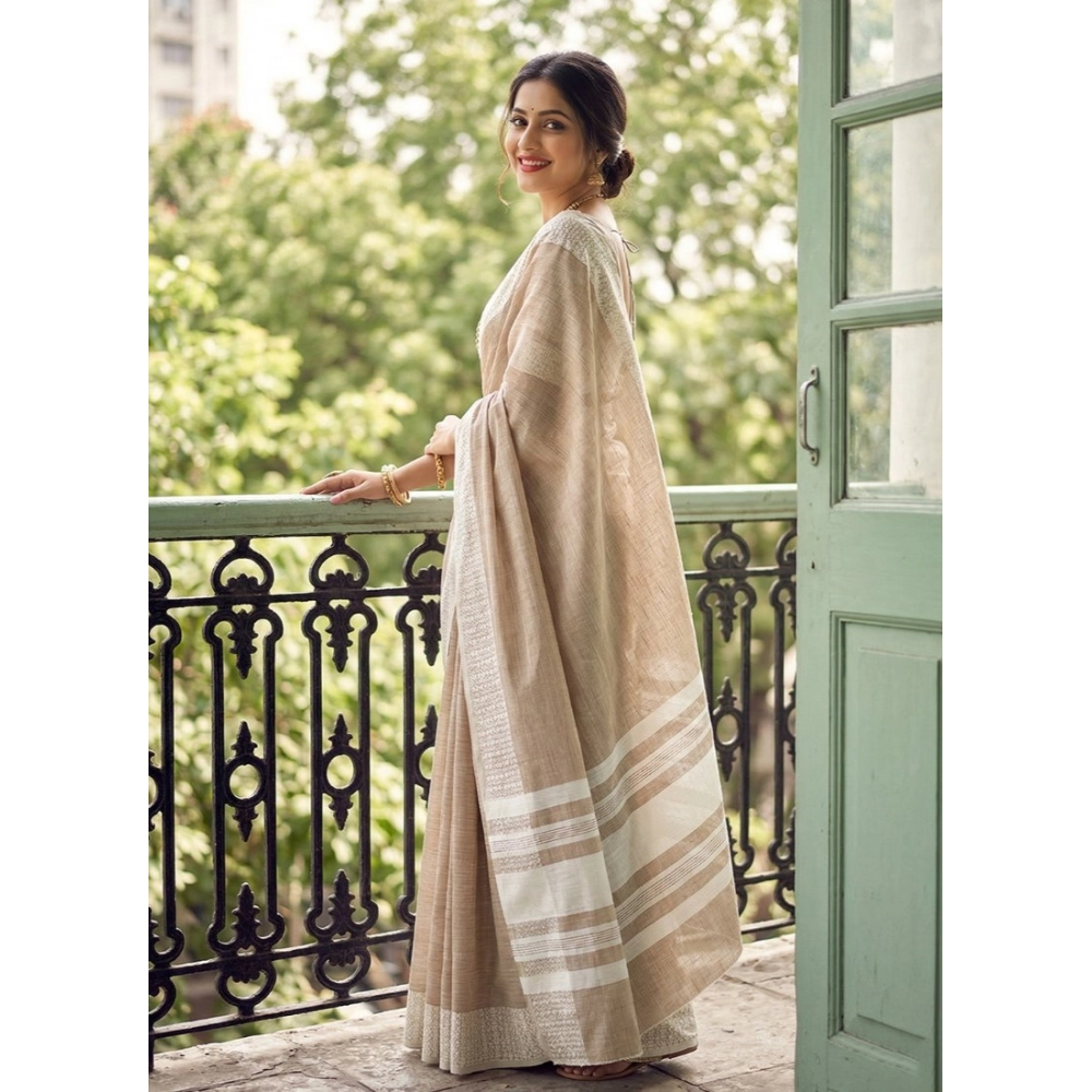 Linen Striped Saree With Unstitched Blouse 5.5Mtr (Lite Brown)