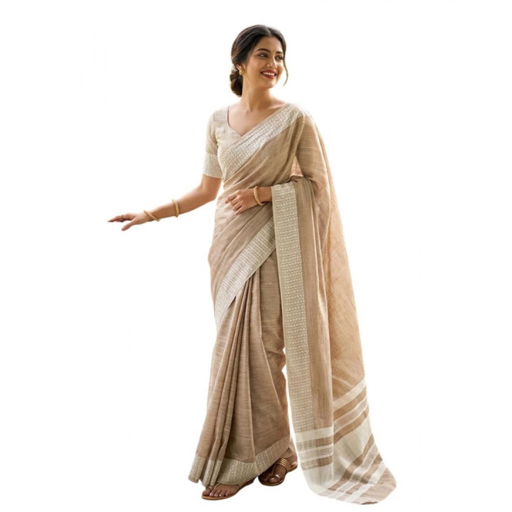 Linen Striped Saree With Unstitched Blouse 5.5Mtr (Lite Brown) - Image 3