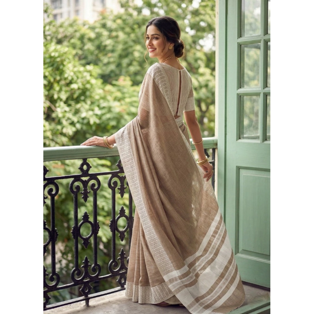 Linen Striped Saree With Unstitched Blouse 5.5Mtr (Lite Brown) - Image 2