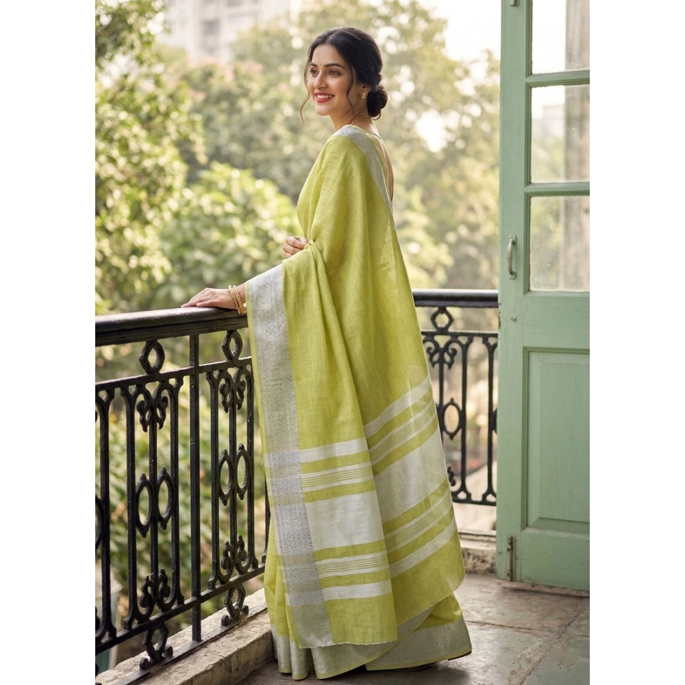 Linen Striped Saree With Unstitched Blouse 5.5Mtr (Light Green)