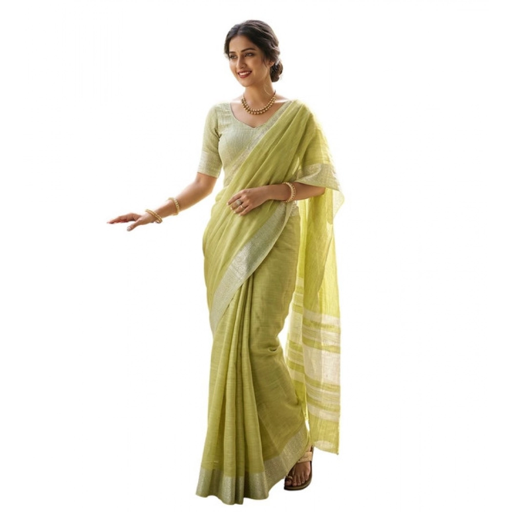 Linen Striped Saree With Unstitched Blouse 5.5Mtr (Light Green) - Image 3