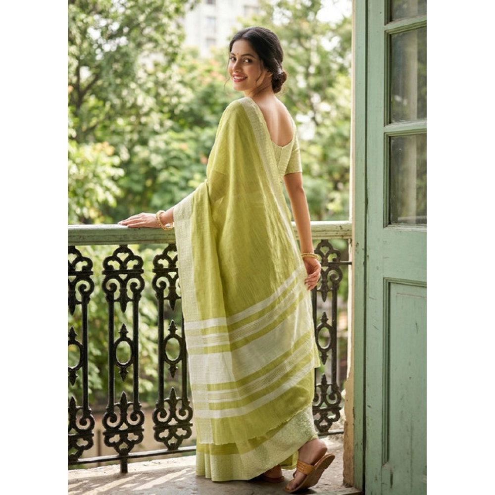 Linen Striped Saree With Unstitched Blouse 5.5Mtr (Light Green) - Image 2